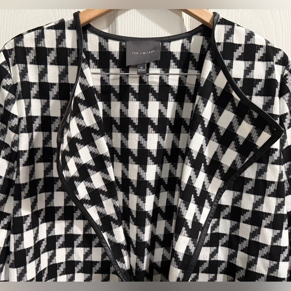 The Limited Black White Trench Coat Houndstooth Pattern Leather Trim w/ Pockets - Picture 5 of 9